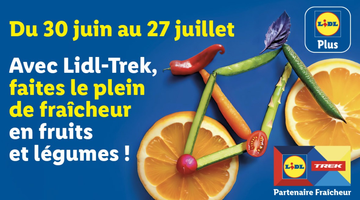 Des fruits ou légumes GRATUITS ! Vraiment ? 😮

Avec Lidl-Trek, on croque la vie à pleines dents du 30 juin au 27 juillet :

➡️ 2€ dépensés en fruits &amp; légumes = 1 vignette
➡️ 8 vignettes = 1 fruit ou légume offert

Ça se passe sur l'appli Lidl Plus !