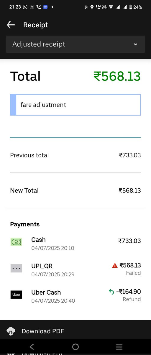What new Uber thing is this? 

I took a ride and at the end the app showed Rs 568.

So I paid the driver 600.

One hour later he calls me and says the Ride was actually Ra 733 and requests me to pay the difference.

So I checked the Uber app and it showed Rs 733. 

So I went to