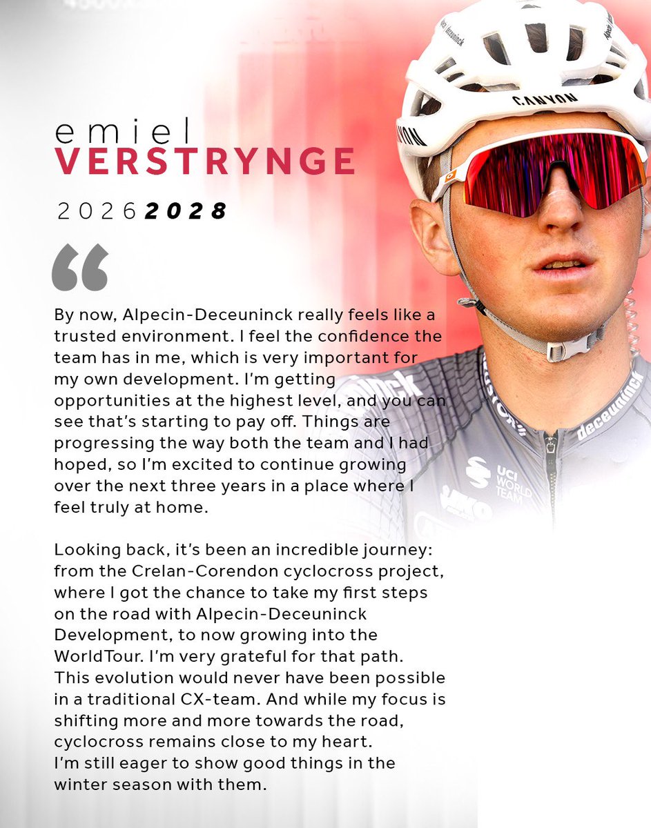 Great news for our youngster <a href="/EmielVerstrynge/">Emiel Verstrynge</a>, just ahead of his Tour debut. Congrats, Emiel. Well deserved!

#AlpecinDeceuninck