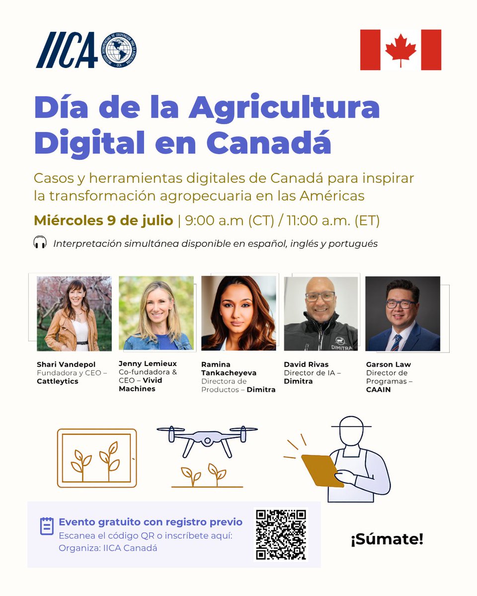 ¡Este miércoles 9 de julio!
🌱 Día de la Agricultura Digital en Canadá | 9 de julio,  9:00 am (hora del centro) / 11:00 a.m. (hora del Este). Revisa tu hora local 🕗
Acompáñanos en esta sesión virtual donde presentaremos experiencias reales de innovación agrotecnológica
