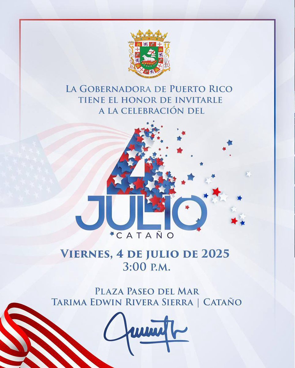 Hoy es #4DeJulio y la celebración es en <a href="/catano/">Municipio Autónomo de Cataño</a> 🇺🇸 🎆 

Nuestra gobernadora, <a href="/Jenniffer/">Jenniffer González</a> González Colón, te invita desde las 3:00 p.m. a la Plaza Paseo del Mar para disfrutar de un evento lleno de orgullo, tradición y alegría.