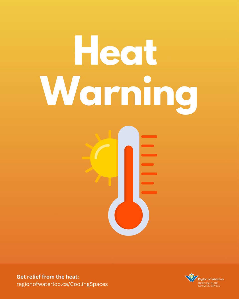 Region of Waterloo Public Health (@rowpublichealth) on Twitter photo A heat warning for Waterloo Region has been issued by Environment Canada. Hot and humid conditions are expected from July 5 to July 6.
Cooling Spaces are open if you need relief from the heat: regionofwaterloo.ca/CoolingSpaces
Cooling tips: regionofwaterloo.ca/ExtremeHeat
<a href="/RegionWaterloo/">Region of Waterloo</a> A heat warning for Waterloo Region has been issued by Environment Canada. Hot and humid conditions are expected from July 5 to July 6.
Cooling Spaces are open if you need relief from the heat: regionofwaterloo.ca/CoolingSpaces
Cooling tips: regionofwaterloo.ca/ExtremeHeat
<a href="/RegionWaterloo/">Region of Waterloo</a>