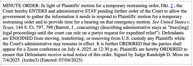 MINUTE ORDER: In light of Plaintiffs' motion for a temporary restraining order, Dkt. 2, the Court hereby ENTERS and administrative STAY pending further order of the Court to allow the government to gather the information it needs to respond to Plaintiffs' motion for a temporary restraining order and to provide time for a hearing on that emergency motion. See United States v.
Texas, 144 S. Ct. 797, 798 (Barrett, J., concurring) (describing administrative stays as 