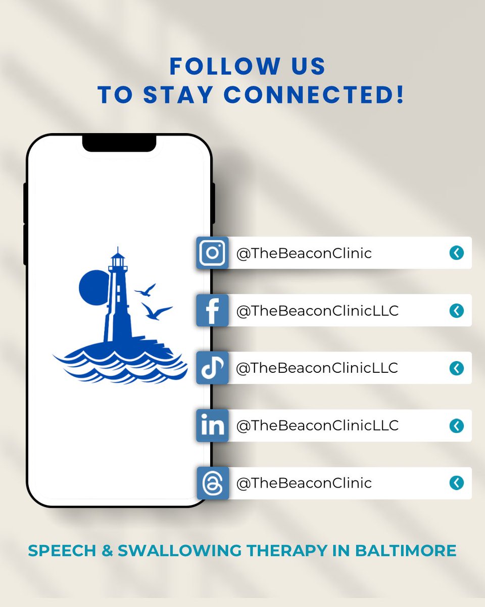 📣 Follow us to stay connected with the latest in speech and swallowing therapy, helpful tips, and inspiring patient stories! 💬💡 

Your voice matters — and we’re here to help you use it💙

#TheBeaconClinic #SpeechTherapy #SwallowingTherapy #BaltimoreHealthcare #StayConnected