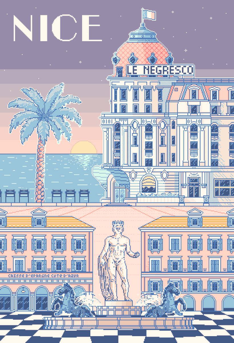 Voici ma dernière création sur Nice, un mix entre la place Massena et le Négresco, n’hésite pas à me dire ce que t’en penses en commentaire ❤️
#PlaceMasséna #HôtelNegresco #NiceArt #CôteDAzur #FrenchRiviera  #PixelArt #8BitArt #RetroAesthetic