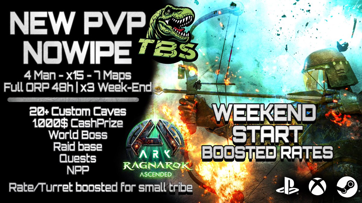TBS ARK just launched! 🔥
Competitive PvP - no wipe, real rewards! 

• €1000 prize pool
• ORP enabled
• x20 rates (boosted weekend)
• 1-week New Player Protection
• Starter kit

Join the fight: 🔗 discord.gg/QWnXFf5nMD