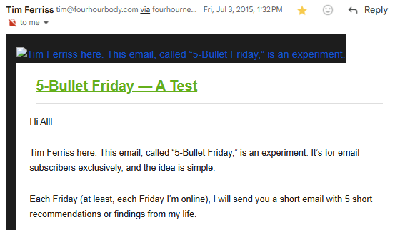 Congrats to <a href="/tferriss/">Tim Ferriss</a> on a decade of "5 Bullet Fridays"... how many imitators (said in the nicest way possible) has it spawned? The whole #minimalist newsletter genre perhaps? 🤔