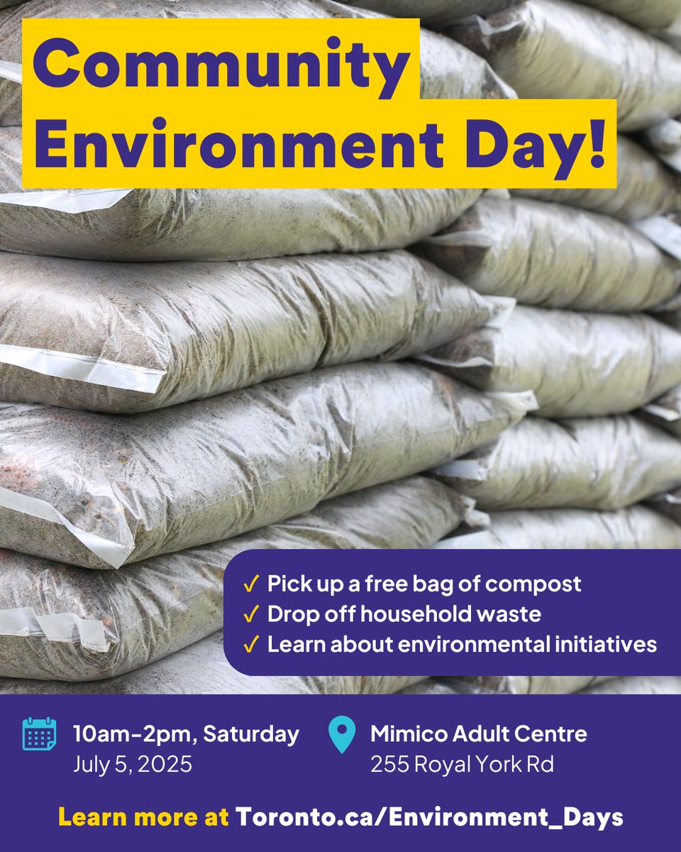Tomorrow is our second Community Environment Day! Drop by to pick up a free bag of compost, drop off household waste, and learn about environmental initiatives.

🕙 10am–2pm, Saturday, July 5
📍 Mimico Adult Centre, 255 Royal York Rd

Learn more at:
Toronto.ca/Environment_Da…
