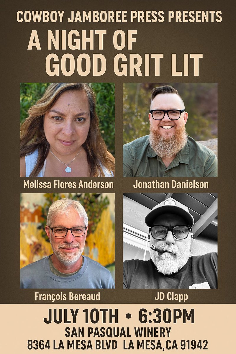 Jonathan Danielson (@jonathanin2k) on Twitter photo Hope to see you at <a href="/SanPasqualWine/">San Pasqual Winery</a> next week for a <a href="/CowboyJamboree/">Cowboy Jamboree Press</a> “Night of Good Grit Lit” reading and signing with <a href="/melissacuisine/">Melissa Flores Anderson</a>, <a href="/jdclappwrites/">JD Clapp</a>, and <a href="/FBereaud/">François Bereaud</a>! Details below! Hope to see you at <a href="/SanPasqualWine/">San Pasqual Winery</a> next week for a <a href="/CowboyJamboree/">Cowboy Jamboree Press</a> “Night of Good Grit Lit” reading and signing with <a href="/melissacuisine/">Melissa Flores Anderson</a>, <a href="/jdclappwrites/">JD Clapp</a>, and <a href="/FBereaud/">François Bereaud</a>! Details below!