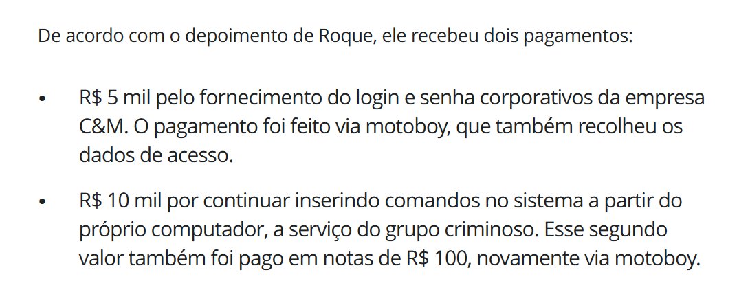O back-end júnior com 48 anos de idade e em processo de realocação no mercado, se vendeu por R$ 15 Mil...

Ele deu as credencias de acesso a C&amp;M e rodou códigos no sistema para operar uma fraude de causou bilhões em prejuízo.