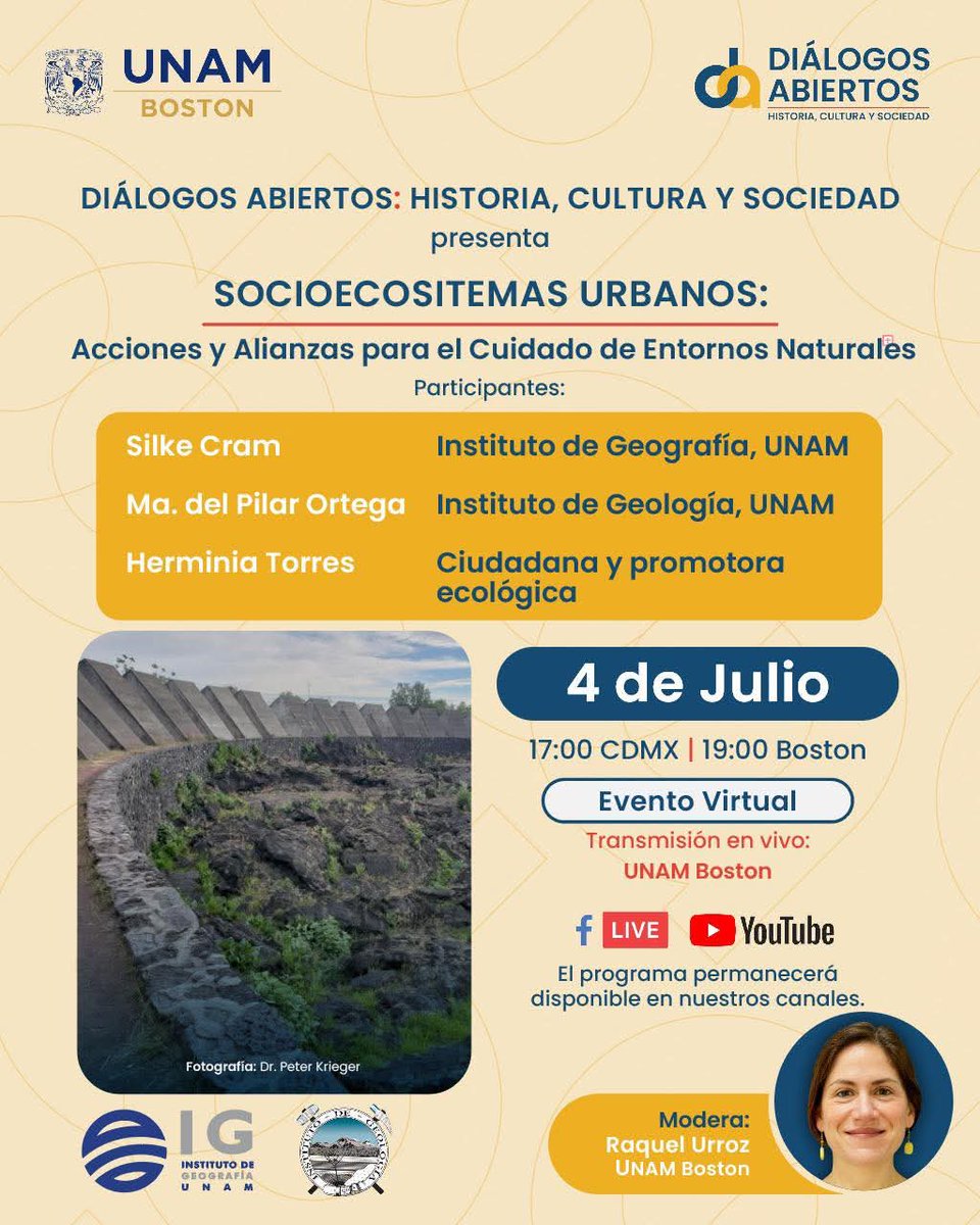 Sigue la transmisión hoy viernes a las 17h, por Facebook UNAM Boston   y YouTube: cutt.ly/2rT5ks1J

En el marco de Diálogos abiertos: Historia, Cultura y Sociedad: 'Diálogo 'Socioecosistemas urbanos: Acciones y alianzas para el cuidado de entornos naturales'