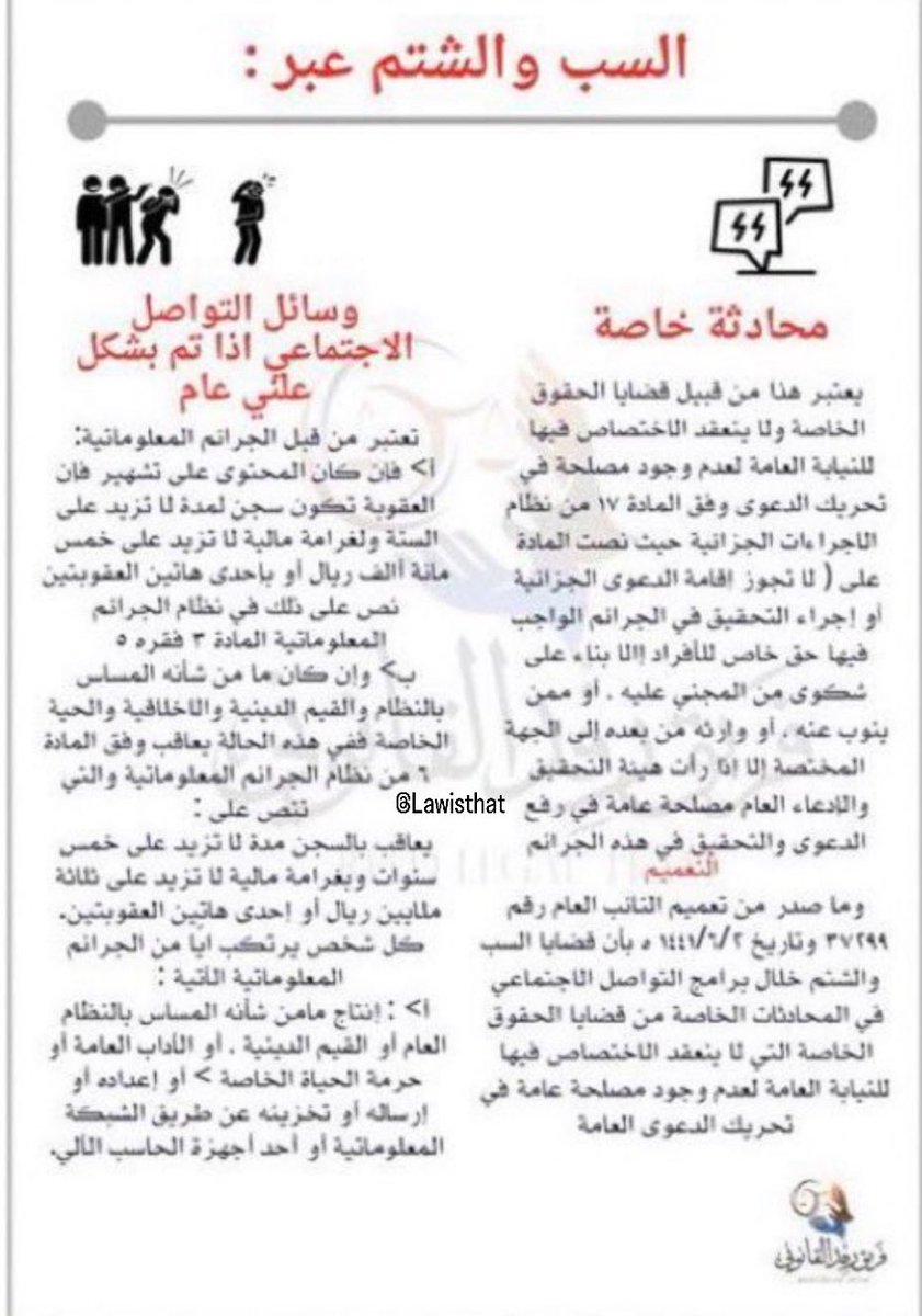 1EDzVxVg6eSmBMy's tweet photo. 🟥هام لكل من  يريد اقامة دعوى  #سب وقذف او #تشهير علي وسائل التواصل جهتان تختصان في قضايا السب والشتم في وسائل التواصل الاجتماعي :

1-الإساءة في المحادثات الخاصة من اختصاص المحكمة الجزائية وفق قرار النائب العام رقم37299 في 1441/6/2

2-الإساءة المعلنة وارتبط بها تشهير من اختصاص النيابة العامة وي��بق عليها نظام #الجرائم #المعلوماتية .👇