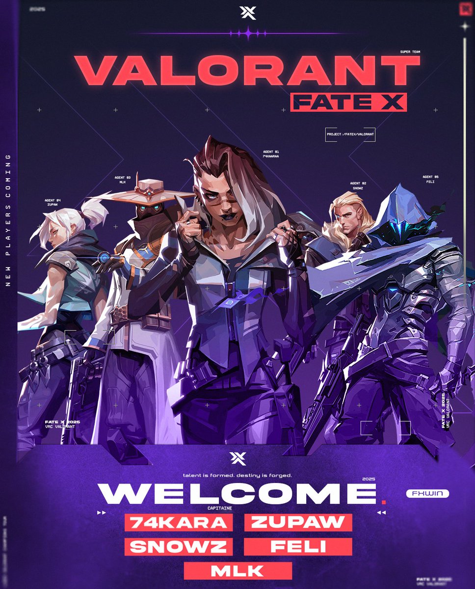 Qui dit nouveau chapitre, dit nouvelle annonce.
Bienvenue à nos 5 cracks qui rejoignent officiellement l’aventure VALORANT !

🧠 <a href="/74kaara/">FX 74Kara</a> 
💨 <a href="/Zupaww/">FX Zupaw</a> 
🏹 <a href="/BySnowZvlr/">FX SnowZ</a>
🛡️ <a href="/mlK_vlr/">FX mlK</a>
☁️ <a href="/Feli_vlr/">FX Feli</a> 

Staff :
👨‍💻 <a href="/Cyrildn95/">CYRIL</a> 
👩‍💻 <a href="/BeautifulTrip31/">Trip</a> 
👨‍🏫 <a href="/FishyVLR/">FishyVLR</a> 

#FXWIN #VRC
