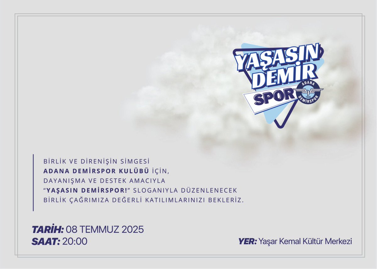 Adana Demirspor’umuzu yeniden ayağa kaldırmak için aylardır uğraş verdiğimiz  “YAŞASIN DEMİRSPOR” adıyla başlatacağımız kampanyamızın sunumu ve merak edilenleri aktarmak üzere taraftarlarımızla bir araya geliyoruz.
8 Temmuz saat 20:00’da tüm taraftarlarımızı Yaşar Kemal Kültür