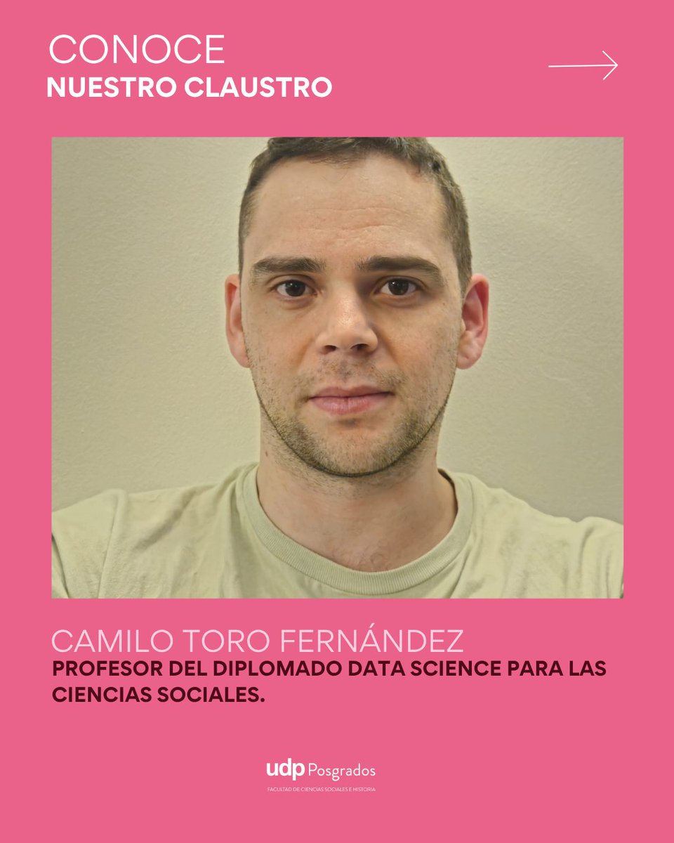 Posgr_fcsh_UDP's tweet image. 👨🏫 Conoce a Camilo Toro Fernández, profesor del Diplomado en Data Science para las Ciencias Sociales UDP. Imparte el curso sobre fundamentos conceptuales y técnicos de la ciencia de datos.
📅 Postula al 31 de julio. t.ly/XOm1T