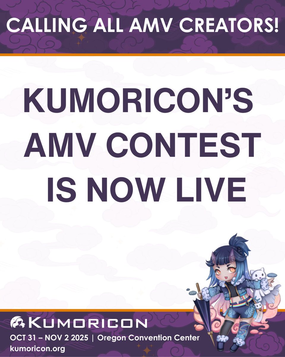 kumoricon's tweet image. Kumoricon's AMV Contest is live!
This year, we’re introducing a brand-new "Nekomancy" theme award to celebrate Kumoricon happening over Halloween weekend!
Please review the rules and submit your entries at kumoricon.org/amv-contest
Good luck, and let the editing magic begin!