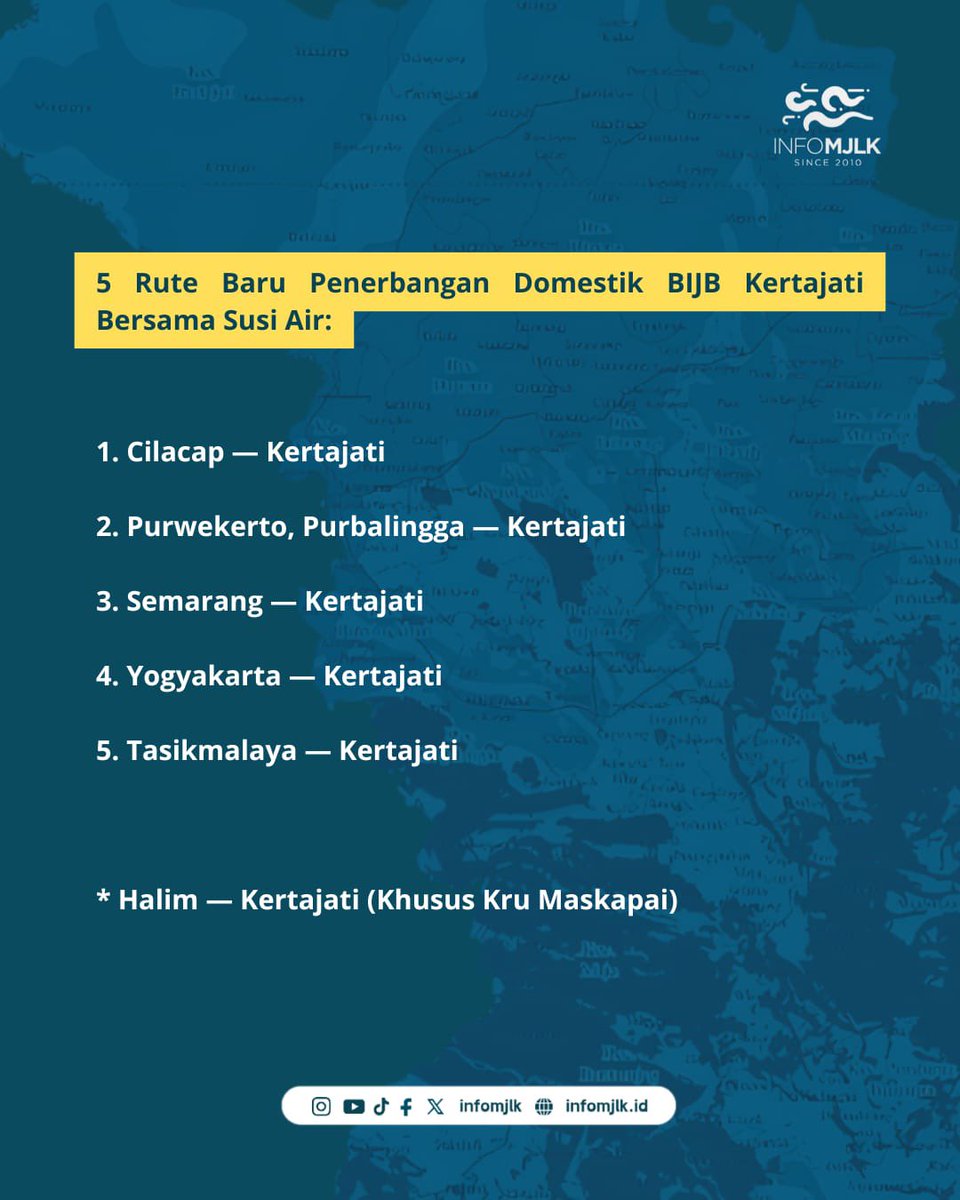 Akhir-akhir ini BIJB Kertajati diperbincangkan juga, karena Bandara Husein udah mulai aktif nih dengan penerbangan BDG-Yogyakarta. 

Nah, katanya BIJB juga bakal buka 5 rute penerbangan, semoga aja jadi gak sepi lagi. Yuk intip 5 rute nya kemana aja dalam infografis ini #infomjlk