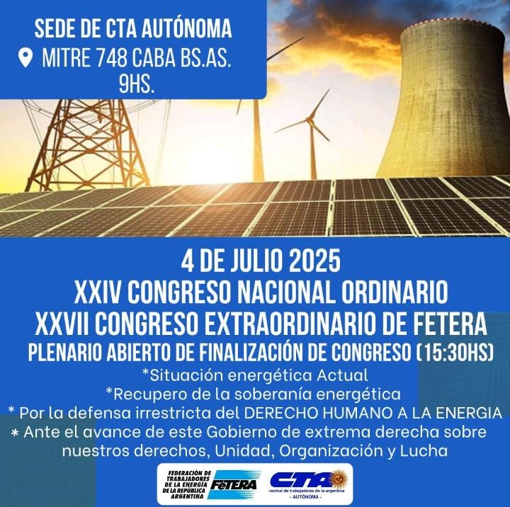 💡Desde OPSur participamos del Congreso Nacional de la FeTERA (Federación de Trabajadores de la Energía de Argentina) para debatir la situación energética y el rol de los trabajadores del sector y sus sindicatos. 

🗓️ 4/7 | 15:30hs, Plenario Abierto de cierre
📍 Mitre 748, CABA