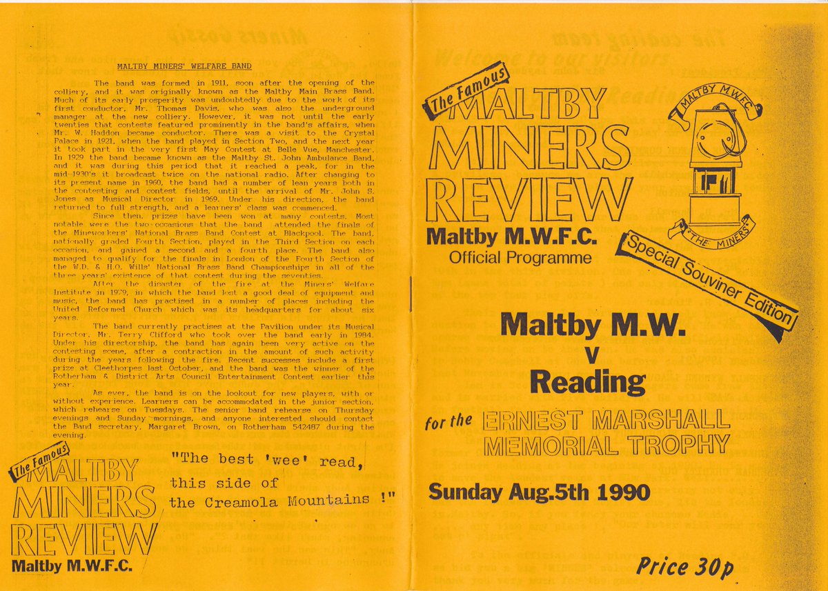 HertsRoyal's tweet image. New season and struggling with a #readingfc programme for today so chose this rather odd PSF from August 1990, Ian Porterfield&apos;s squad taking on Maltby Miners Welfare at their new Muglet Lane ground for the Ernest Marshall Trophy, any idea of score @cribsie? @TheTilehurstEnd