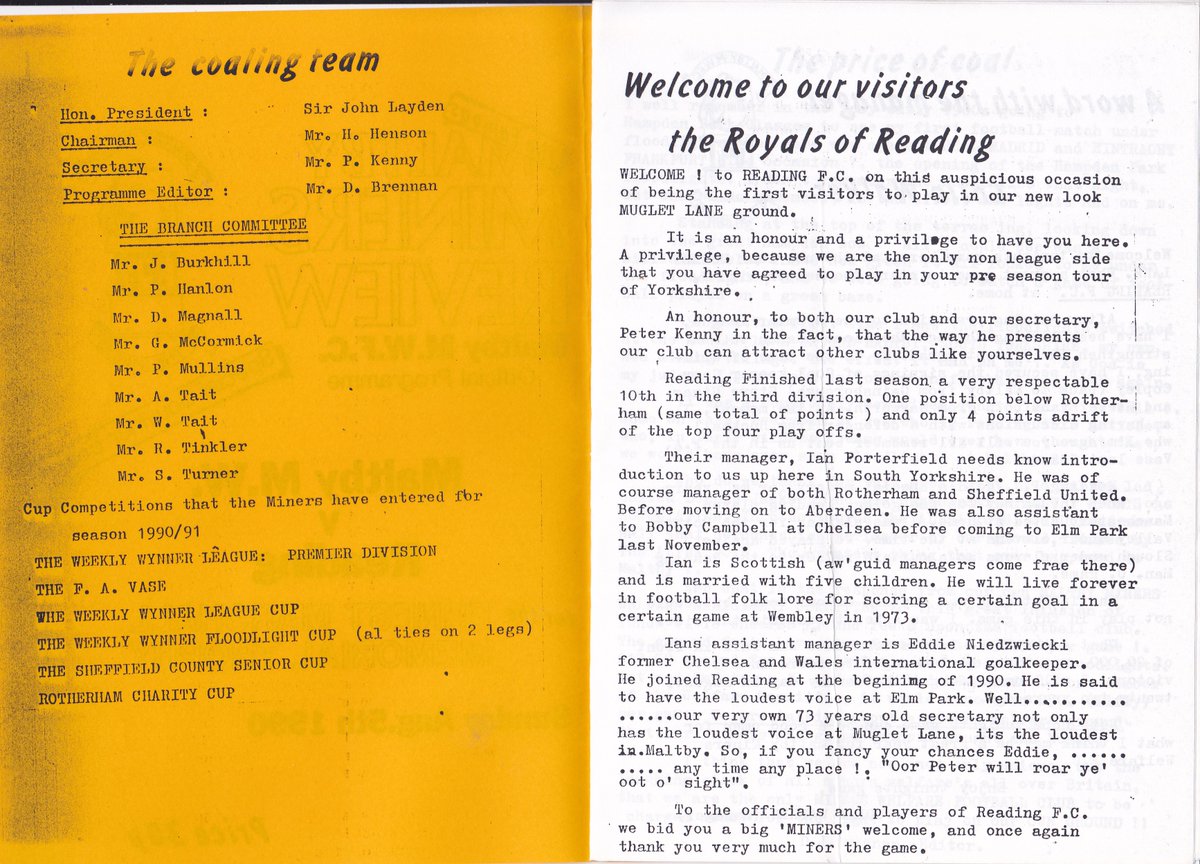 HertsRoyal's tweet image. New season and struggling with a #readingfc programme for today so chose this rather odd PSF from August 1990, Ian Porterfield&apos;s squad taking on Maltby Miners Welfare at their new Muglet Lane ground for the Ernest Marshall Trophy, any idea of score @cribsie? @TheTilehurstEnd