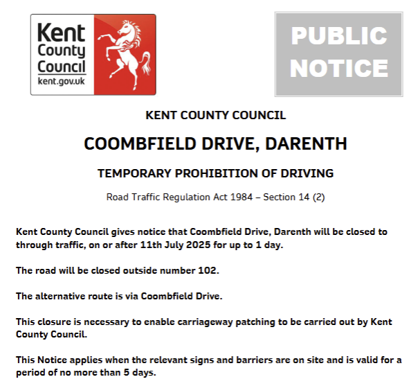 KCC Highways (@kenthighways) on Twitter photo Darenth, Coombfield Drive: Road closed 11th July for 1 day to allow for <a href="/KentHighways/">KCC Highways</a> carriageway patching works: moorl.uk/?i8dof4 Darenth, Coombfield Drive: Road closed 11th July for 1 day to allow for <a href="/KentHighways/">KCC Highways</a> carriageway patching works: moorl.uk/?i8dof4