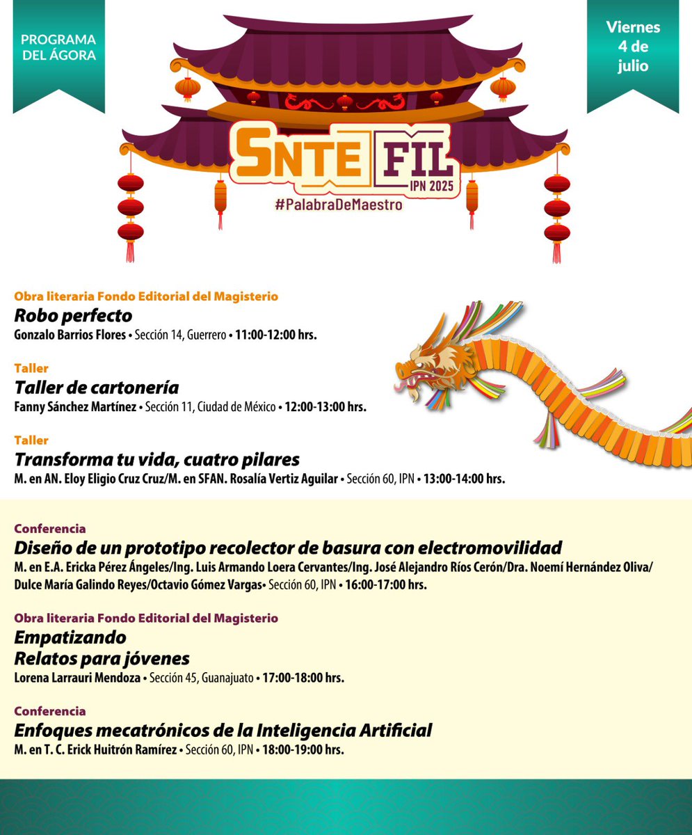 PalabraDeMaestro ✍️

𝘼𝙜𝙚𝙣𝙙𝙖📒| El conocimiento y profesionalismo de maestras y maestros sigue #preSNTE en obras literarias, conferencias y talleres que se llevarán a cabo hoy #4deJulio en el Ágora, por las secciones 11,  #CdMX; 14, #Guerrero; 45, #Guanajuato y 60, #IPN👁️👇