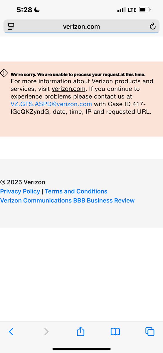 Bristow454's tweet image. Hey @VerizonSupport I’m traveling from the US to the UK. 

I’m using Airalo E-Sim ($72 for 40GB) but my Verizon account is getting hit with $400+ in fees. Tried contacting support but only get this error page (see photo). 

What would you do if you were in my shoes? 
#VerizonHelp