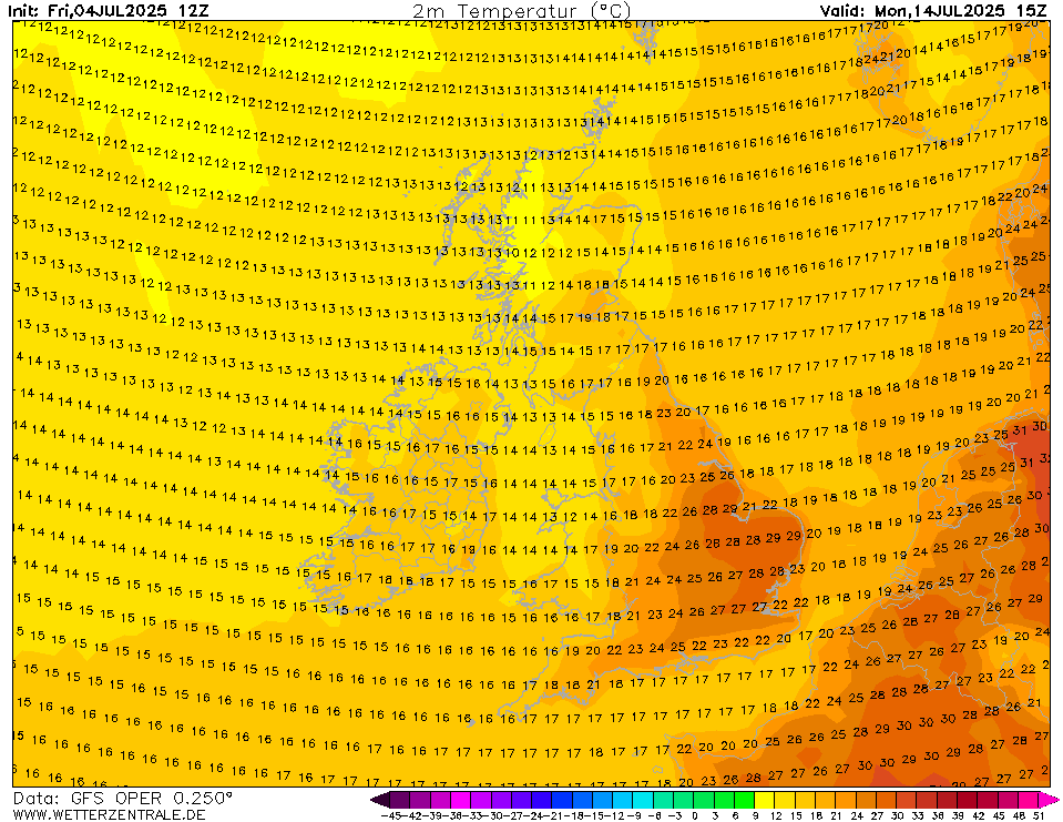 And here's the 12Z. 3 consecutive GFS runs with these temperatures. However, this run shows the pinnacle of the heat getting swept away by the 14-15th of July, which has also become an increasing trend in other models at around the same period. Heat could easily come back again.