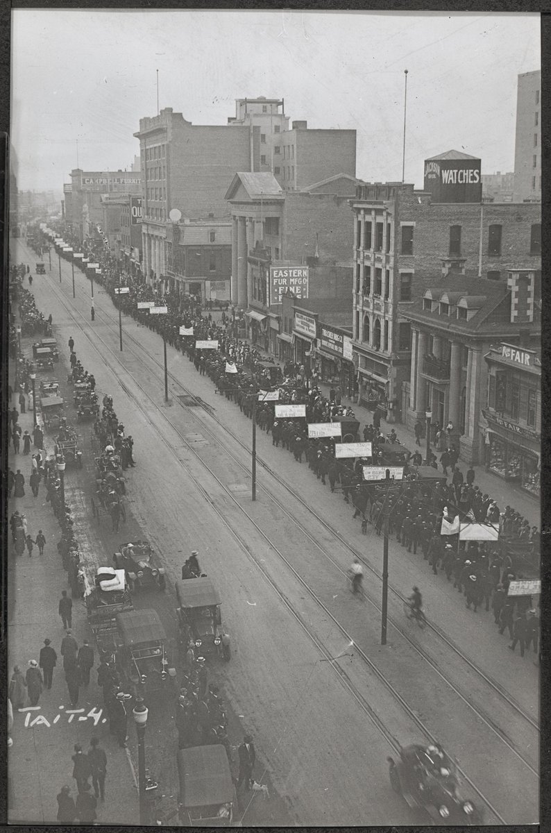 Aerial view of the Prohibition Parade that took place on Jasper Avenue in Edmonton, Alberta, July 1915 (A4838).
