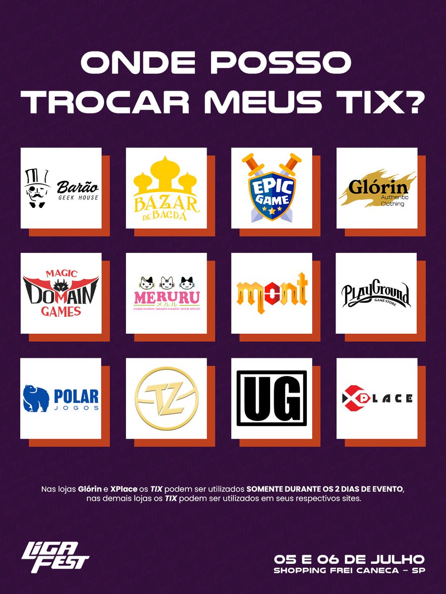 Ganhou algum torneio e não sabe onde trocar seus TIX? Vem cá que eu te conto!

Essas são as 12 lojas que estarão fazendo troca de TIX por produtos! Lembrando, na Glorin e na XPlace os TIX podem ser utilizados somente nos dias do evento!

#LigaFest #LF