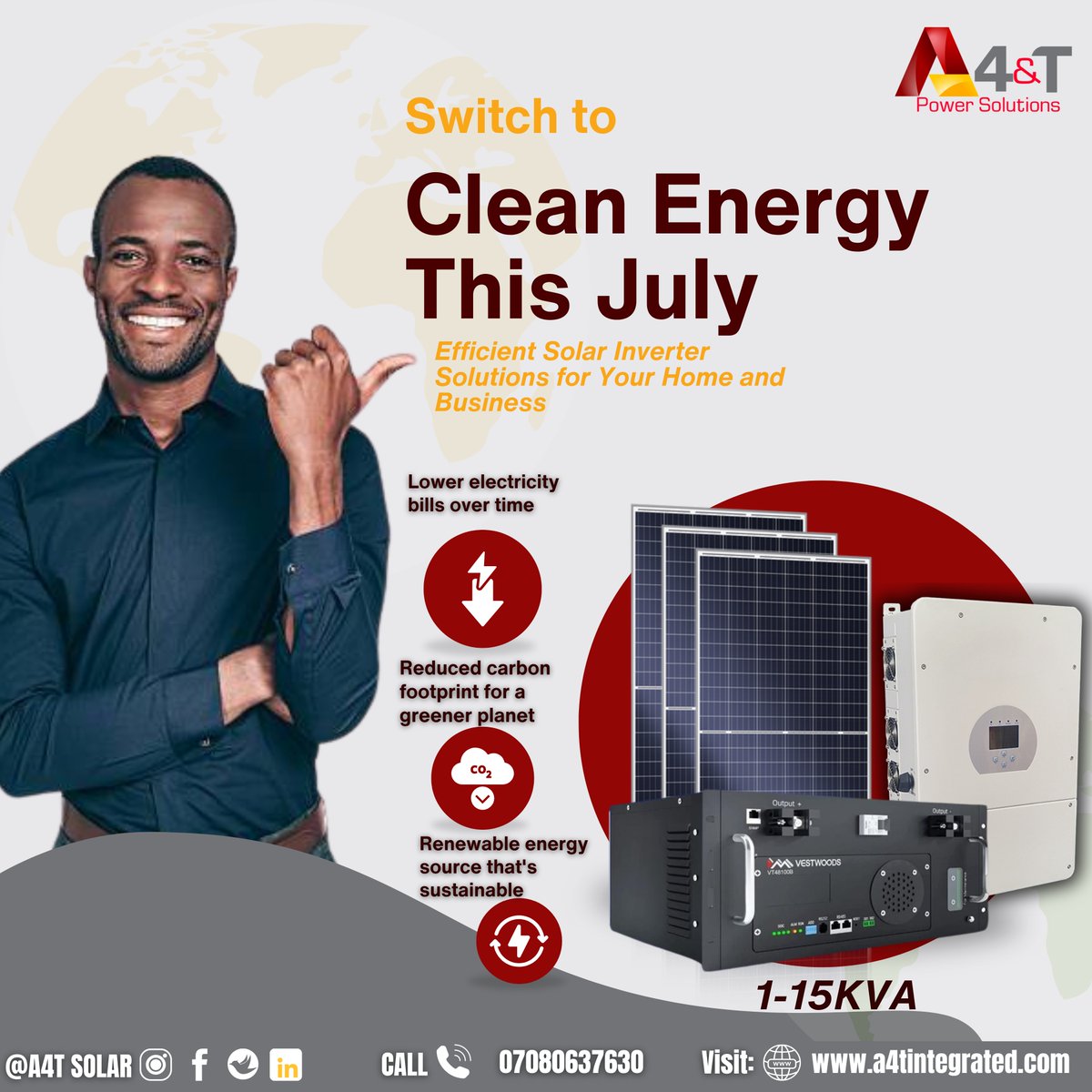 Switch to clean energy this July! ☀️
Power your home or business with A4&amp;T's 1–15KVA solar inverters.
✅ Save on bills
✅ Go green
✅ Stay powered
📞 07080637630 | 🌐 a4tintegrated.com
#GoSolar #A4TPower #CleanEnergy #SolarNigeria