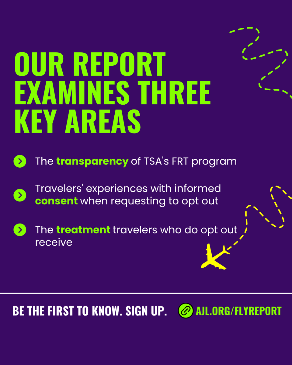 AJLUnited's tweet image. TGIF, it’s #FreedomFlyers✈️ Report Friday!
We are SO excited to announce that after 2 years collecting your TSA stories, we're ready to share the receipts! Sign up to be the first to know when our Freedom Flyers report drops later this month.
It examines three key areas:
🔍…
