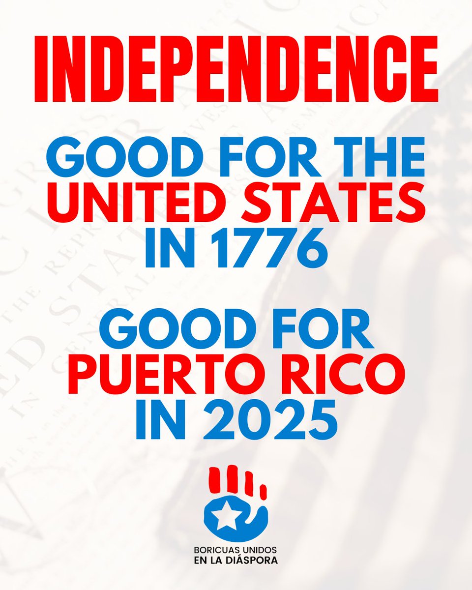 BUDPR's tweet image. Today we don't celebrate the independence of the country that has kept Puerto Rico in colonial chains for 127 years.
But we remind the world that independence is the right political future for all nations. It was good for the U.S. in 1776 and it is good for Puerto Rico now!