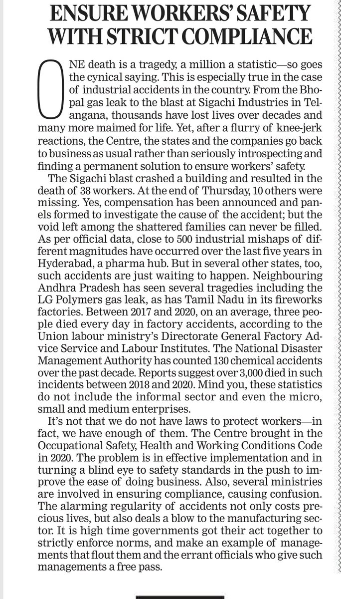 India is facing a surge in factory accidents recently. The latest incident was a blast at the Sigachi factory in Telangana. On average, three people are dying every day due to factory accidents. India has already implemented the Labour Code on Occupational Safety, Health, and