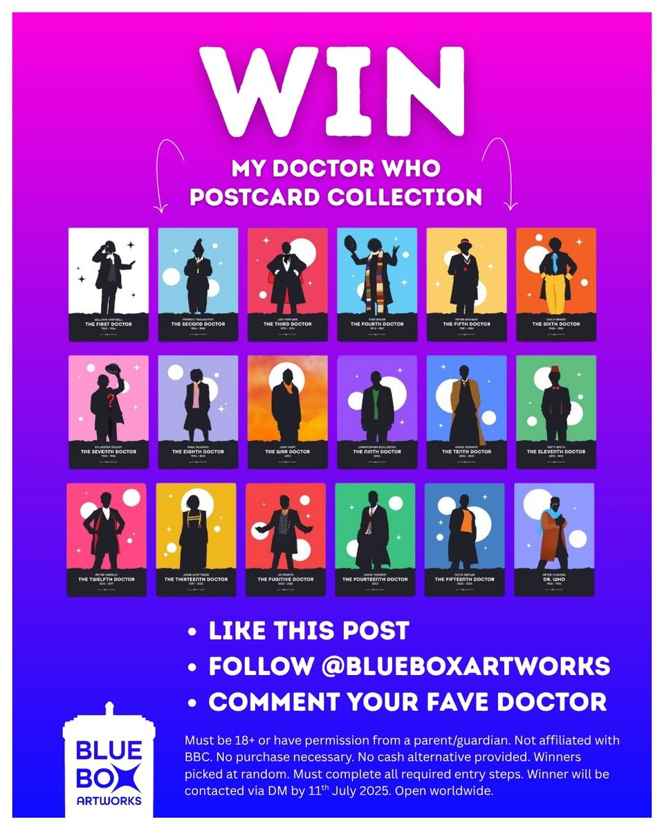 🚨 #DoctorWho GIVEAWAY! 🚨

🏆 Full Doctors postcard set
🥈 A4 print of your fave Doctor
🥉 A5 print of your fave Doctor

To enter:
💙 Follow @blueboxartworks
💙 Like this post
💙 Comment your fave Doctor
💙 Retweet = Bonus entry!

📦 Open worldwide, ends July 11
