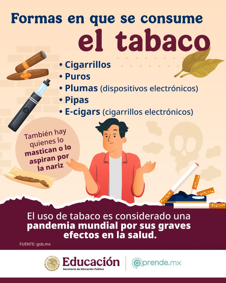 🚫Se comparte el material "Formas en que se consume el tabaco",  tiene como objetivo concientizar sobre los distintos métodos de consumo del tabaco y sus graves efectos en la salud, considerados una pandemia mundial. 🚫
🚭#NoAlTabaquismo