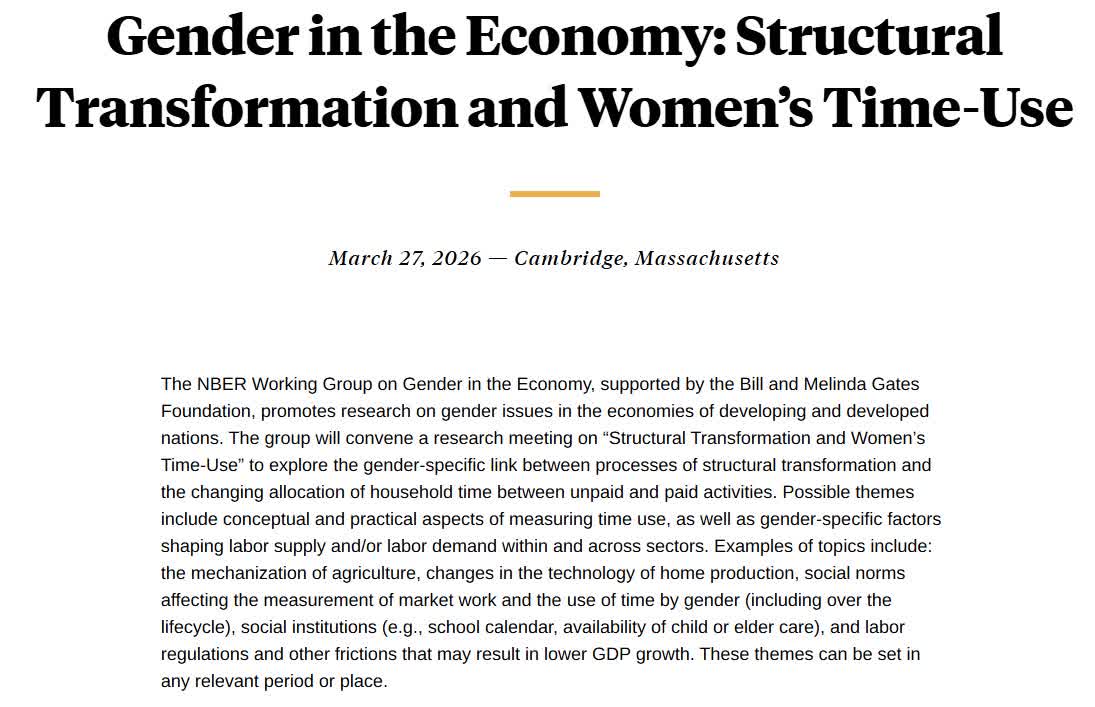 Open call for papers, Gender in the Economy: Structural Transformation and Women's Time-Use. Conference to be held in Cambridge, MA on March 27, 2026. Submit papers by 11:59pm EDT on December 8, 2025. More information: nber.org/calls-papers-a…
