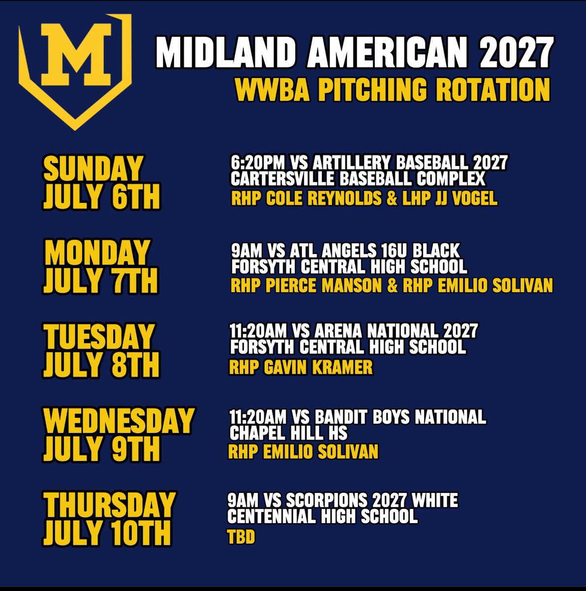 WWBA Pitching Rotation for this week!

All other relievers &amp; the starter on 7/10 still TBD. 

〽️