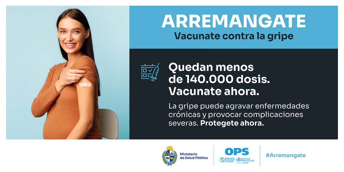 MSPUruguay's tweet photo. #Vacunación | ¡Quedan menos de 140.00 dosis de la #antigripal! No corras el riesgo, #arremangate.

🪪Vacunate en cualquier prestador público o privado presentando tu cédula de identidad en buen estado.
✔️Toda la población está habilitada para vacunarse, no requiere receta médica. https://t.co/fXMhdsj6K0