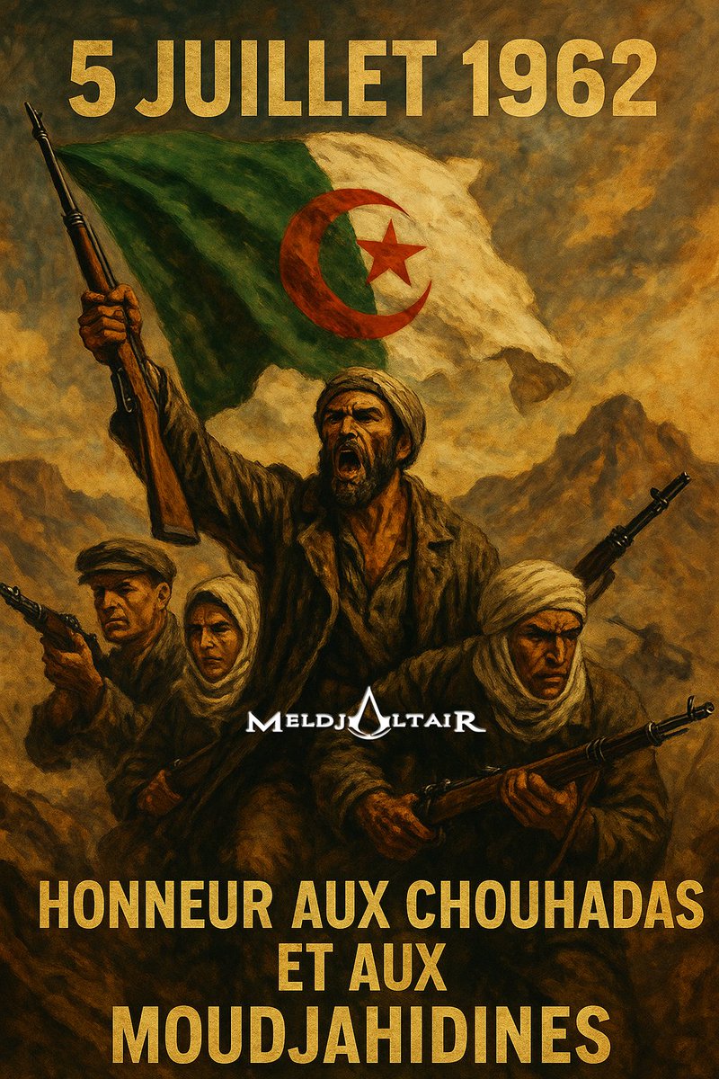 MeldjaAltair04's tweet image. #5Juillet1962 Le peuple algérien a brisé ses chaînes dans le sang. 132 ans d'oppression balayés par le courage et le sacrifice. Honneur éternel aux moudjahidines et aux martyrs qui ont fait plier et dégagé le colon ! Sans rancune, mais de la reconnaissance.
#Algérie #Indépendance
