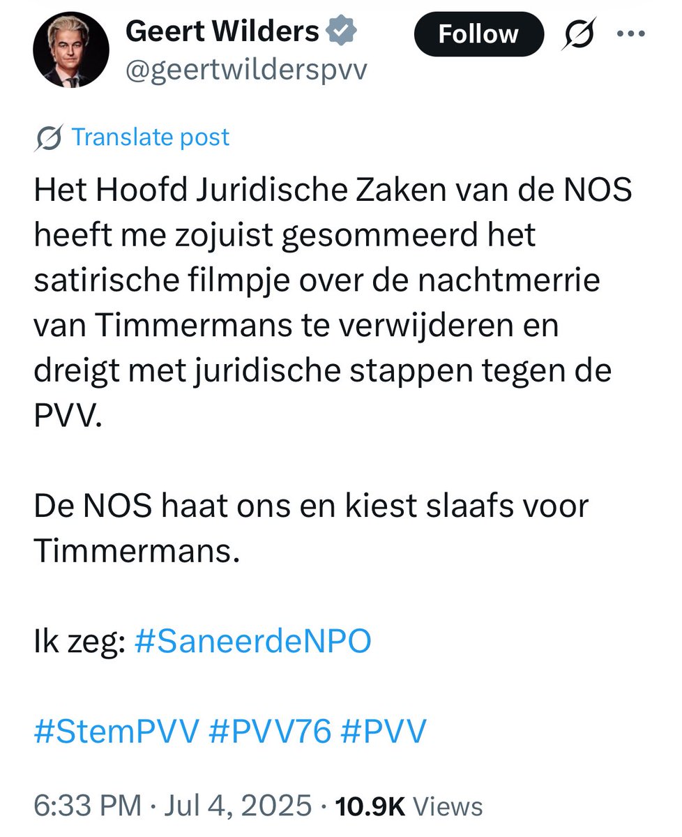De <a href="/NOS/">NOS</a> heeft Wilders gesommeerd zijn AI filmpje te verwijderen. Hoewel Wilders de leugens in zijn filmpje “satire” noemt, heeft hij het filmpje verwijderd.