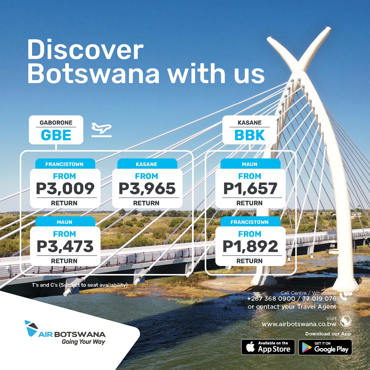 See Botswana like never before. Book our new domestic fares and take to the skies for your next local adventure.

For more information visit  airbotswana.co.bw or Call +267 368 0900

#GoingYourWay #AirBotswana