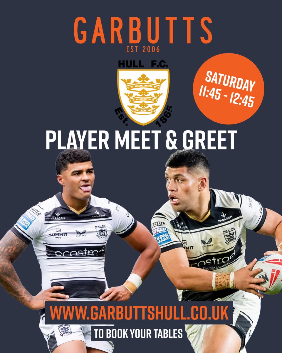 💥 GAME DAY WARM-UP AT GARBUTTS 💥

Join us tomorrow before Hull FC take on Saint Helens for the ultimate pre-match build-up! ⚔️

🍳 Food &amp; drink served from 10AM  

🤝 Meet &amp; greet with Will Pryce &amp; John Asiata from 11:45 – 12:45  

📍Garbutts