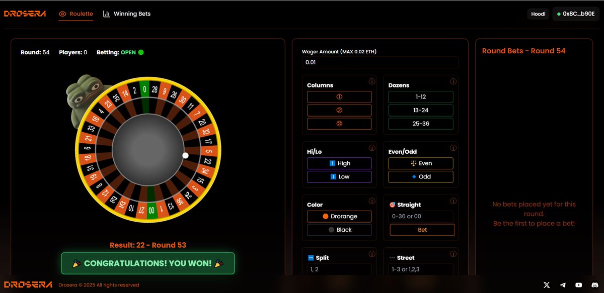 So I had to try out the <a href="/DroseraNetwork/">Drosera</a> roulette on notacasino.drosera.io/roulette and it was nice sincerely. Very smooth UX.

I don't know how to play it but, i learnt quickly.

However, if any one wants to try it, make sure you have the Hoodi testnet activated on your EVM wallet (like