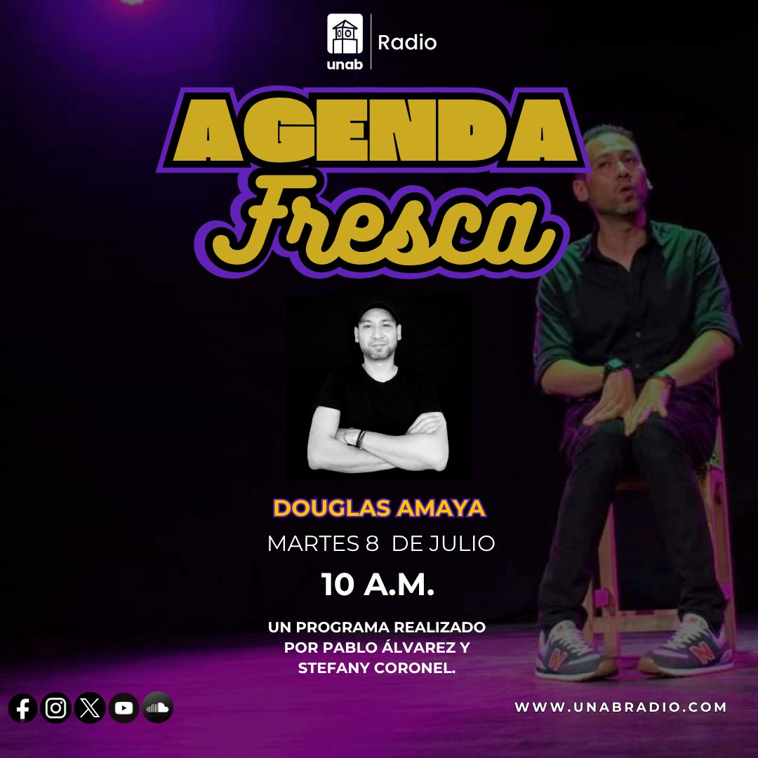 🎙️ Este martes a las 10 a.m. en #AgendaFresca recibimos a Douglas Amaya, narrador oral, comediante y escritor.
📻 Escúchalo por #UnabRadio y descubre cómo se cuentan historias que hacen reír... y pensar.
#DouglasAmaya #CulturaBGA #HumorInteligente #NarraciónOral