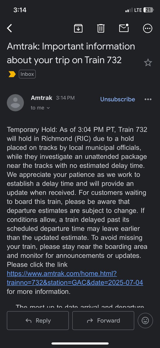 All trains on East Bay Amtrak corridor from San Jose to Sacramento are halted b/c of unattended package near tracks north of Richmond, CA. The Air Force Bomb Squad from Travis Air Force Base is investigating. Pray🙏nothing serious. What kind of a sick July 4th 🇺🇸 joke is this!