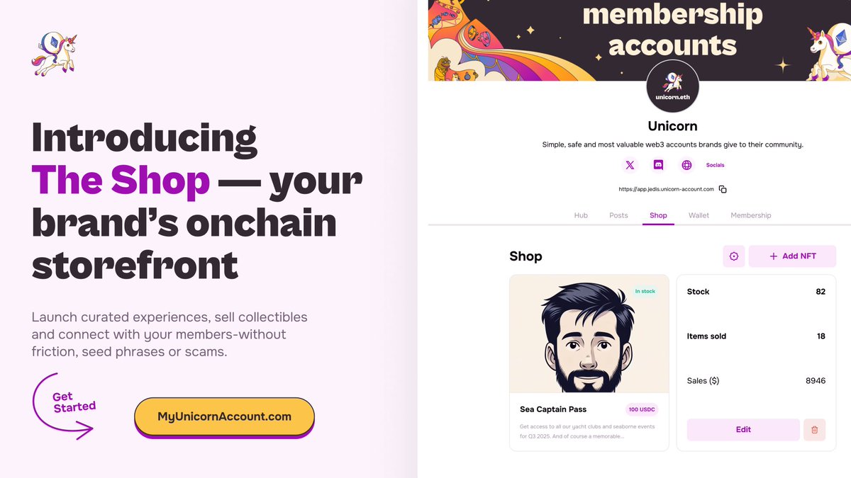 MyUnicornAcct's tweet image. 🛍️ Introducing The Shop — your brand’s onchain storefront.
Every brand deserves its own magic ✨
Now live in the Unicorn App, The Shop lets communities launch curated experiences, sell collectibles, and connect with users—without friction, seed phrases, or scams.
🎟️ Drops,…