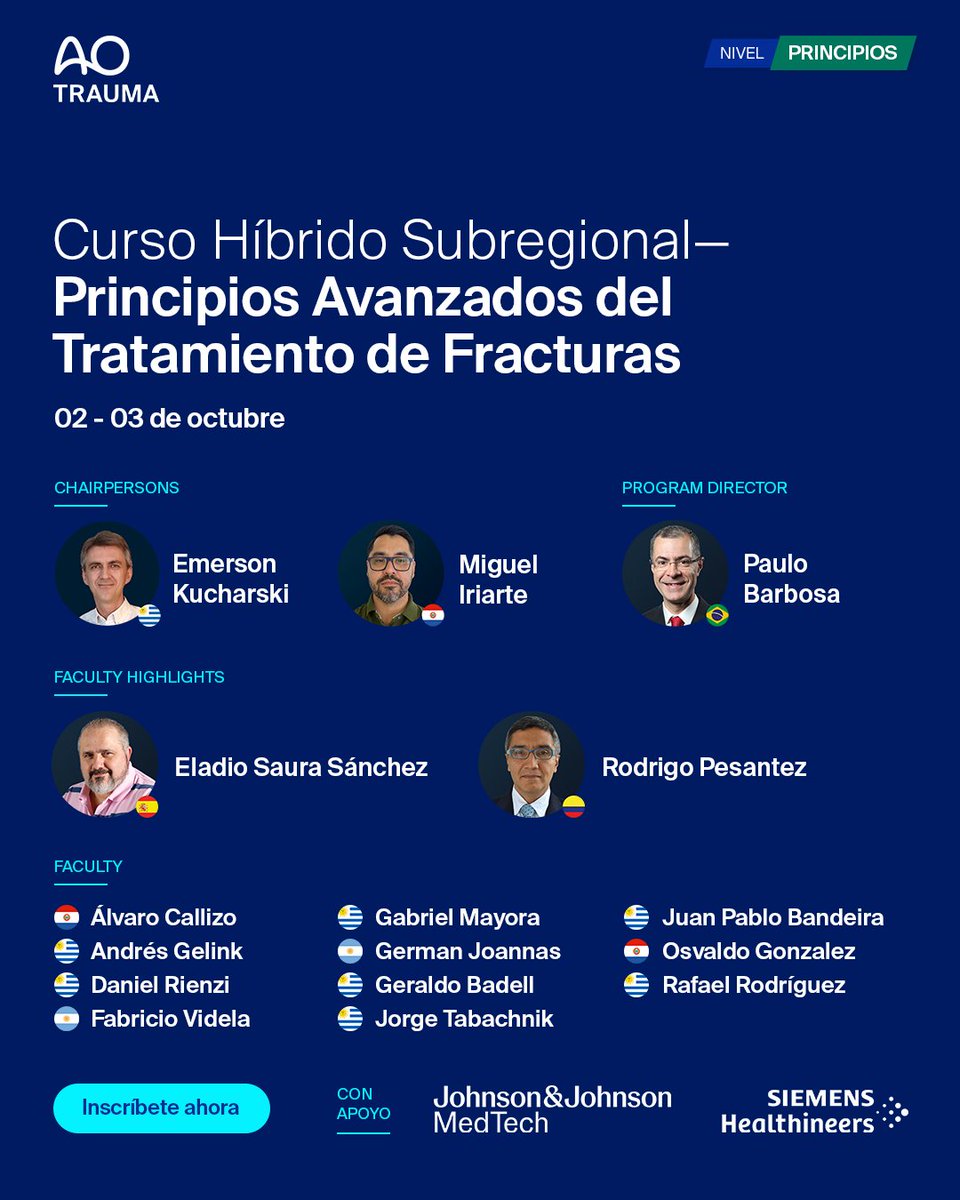 Cursos Subregionales de Principios del Tratamiento de Fracturas en Montevideo 🇺🇾

Curso de Principios Básicos
🗓 30 septiembre - 01 de octubre
➡️ bit.ly/43ADzZ7

Curso de Principios Avanzados
🗓 02 - 03 de octubre
➡️ bit.ly/44LDins