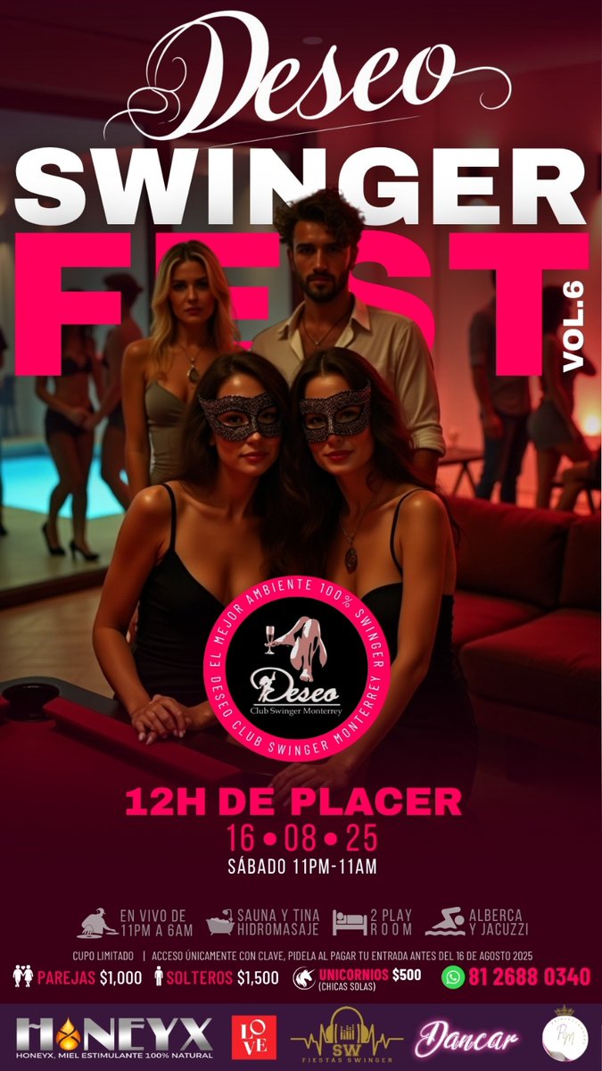 fiestas swinger (@fiestassw69) on Twitter photo 🎉 Deseo Swinger Fest Vol. 6
📆 Sábado 16 de agosto 2025
🕚 De 11:00 pm a 11:00am
DJ en vivo
Sauna y tina de hidromasaje
2 Playrooms
Alberca
💸 Aportaciones:
Parejas: $1,000
Solteros: $1,500
(chicas solas): $500
📲 528126880340
<a href="/deseomty/">Deseo club Swinger Monterrey</a>
<a href="/DancarPareja/">Dancar</a>
<a href="/Mono_y_princess/">MONKY and PRINCESS</a> 🎉 Deseo Swinger Fest Vol. 6
📆 Sábado 16 de agosto 2025
🕚 De 11:00 pm a 11:00am
DJ en vivo
Sauna y tina de hidromasaje
2 Playrooms
Alberca
💸 Aportaciones:
Parejas: $1,000
Solteros: $1,500
(chicas solas): $500
📲 528126880340
<a href="/deseomty/">Deseo club Swinger Monterrey</a>
<a href="/DancarPareja/">Dancar</a>
<a href="/Mono_y_princess/">MONKY and PRINCESS</a>