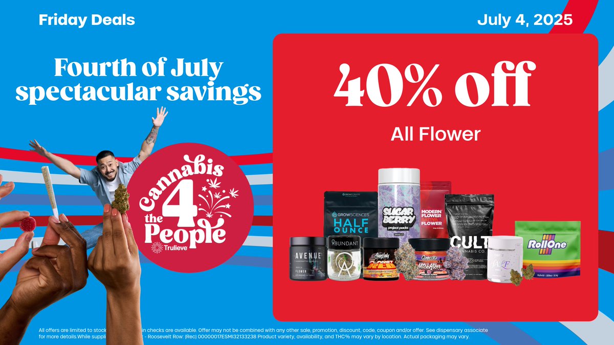 trulieve_az's tweet image. 🎆 Celebrate freedom with high spirits and even higher vibes! 🌿✨ Don’t miss these spectacular Fourth of July savings — light up your weekend right! 🔥🍃
trulieve.com/discover/promo…